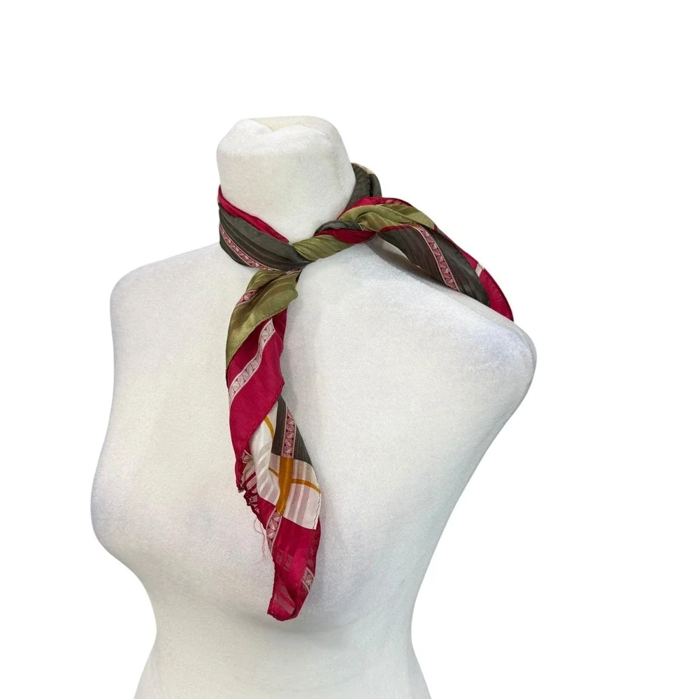 Vintage‎ Silk Plaid Square Scarf Red Black Olive Geometric Sheer Neck Wrap